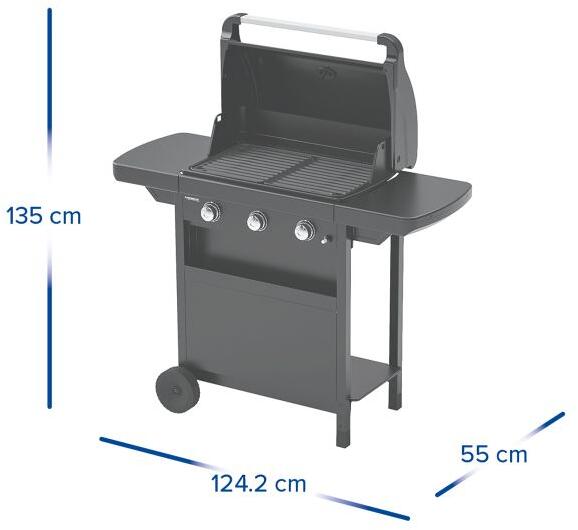 Kompakt gassgrill med 3 brennere og stålvogn i svart og sølv