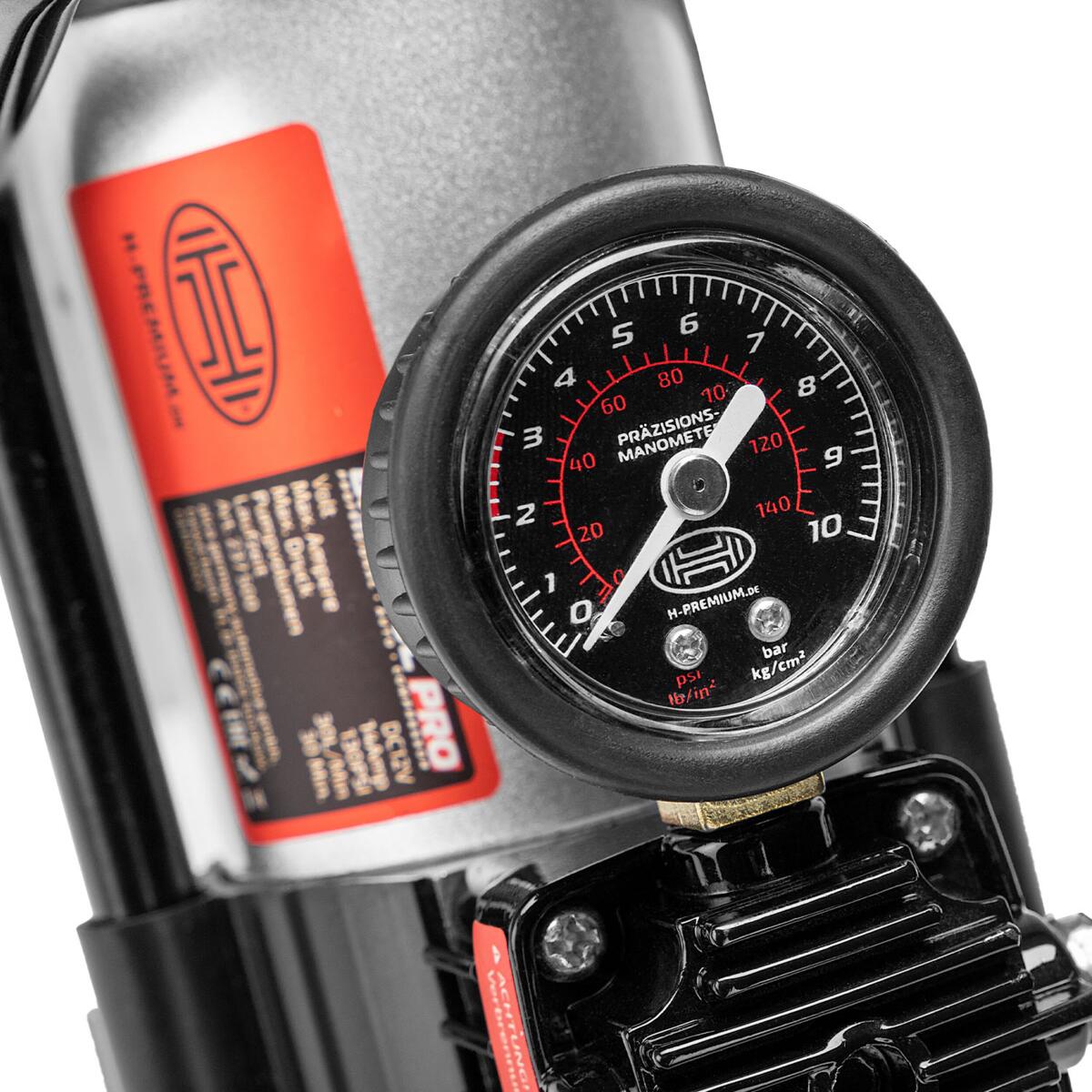 Detaljbilde av manometer på Kompressor 12V 30 lmin 9 bar med manometer og SMD-lampe