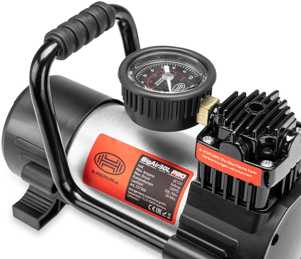 Kompressor 12V 30 lmin 9 bar med manometer og SMD-lampe kabellengde
