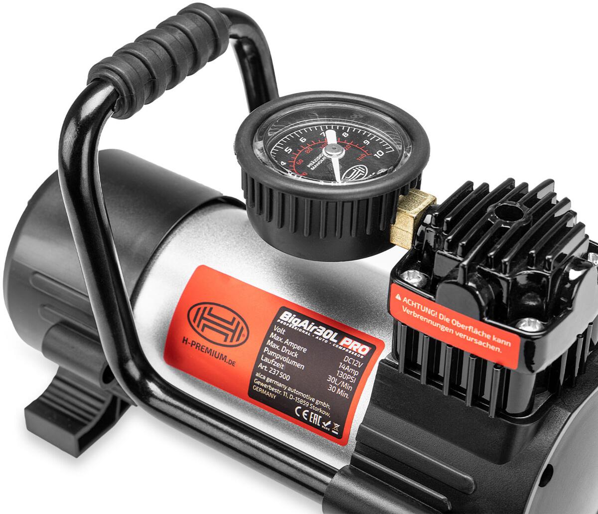 Kompressor 12V 30 lmin 9 bar med manometer og SMD-lampe kabellengde