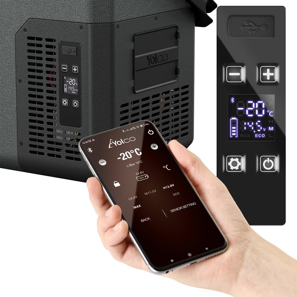 Kjøleboksens kontrollpanel med LCD-skjerm på Kompressor-kjøleboks ET 12/24/230V med Bluetooth og solpanel - Yolco