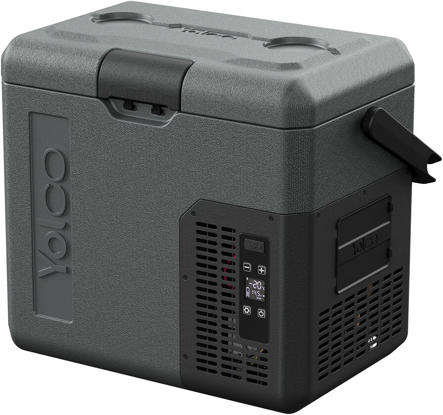 Kompressor-kjøleboks ET 12/24/230V med Bluetooth og solpanel - Yolco montert på campingplass