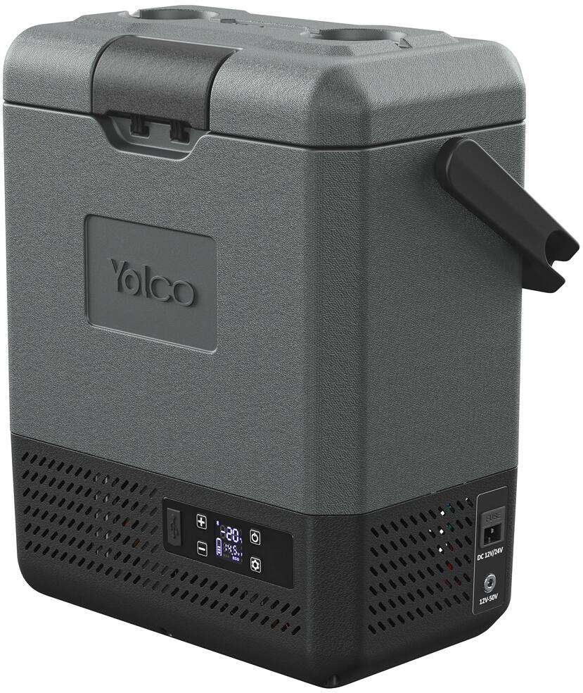 Nærbilde av hjul og teleskophåndtak på Kompressor-kjøleboks ET 12/24/230V med Bluetooth og solpanel - Yolco