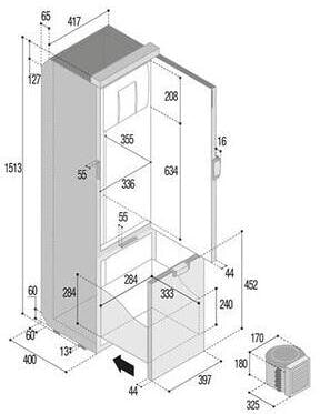 Detalj av Kompressor kjøleskap SLIM150 CHR 150L 12/24V svart dør og panel