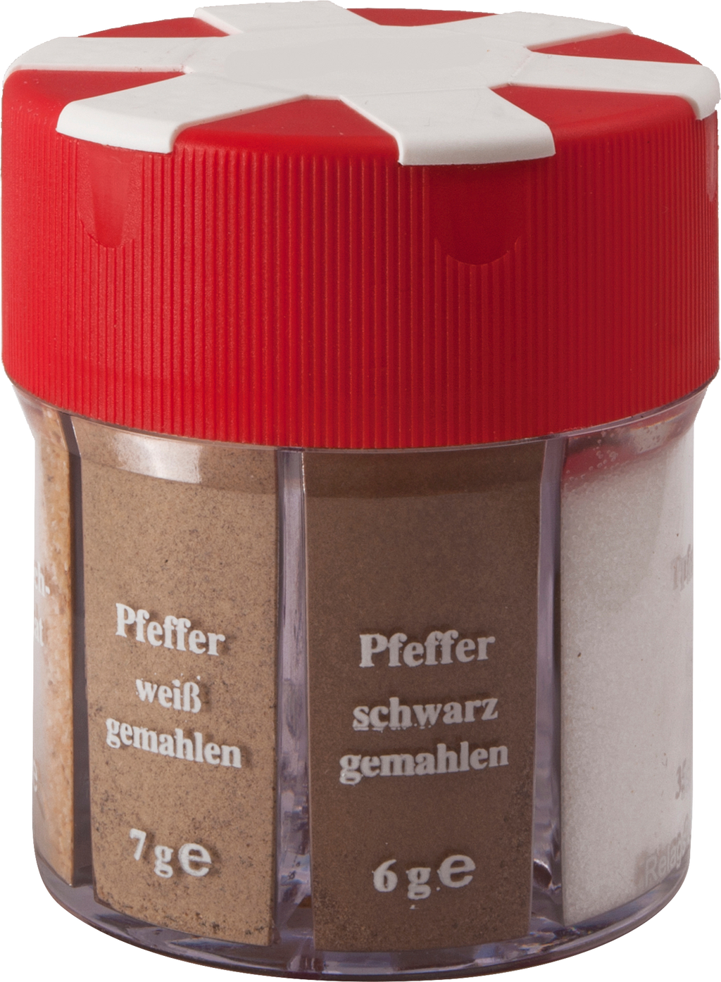 Krydderbøsse 6in1 med salt, pepper, paprika, curry og hvitløk Basic Nature forfra