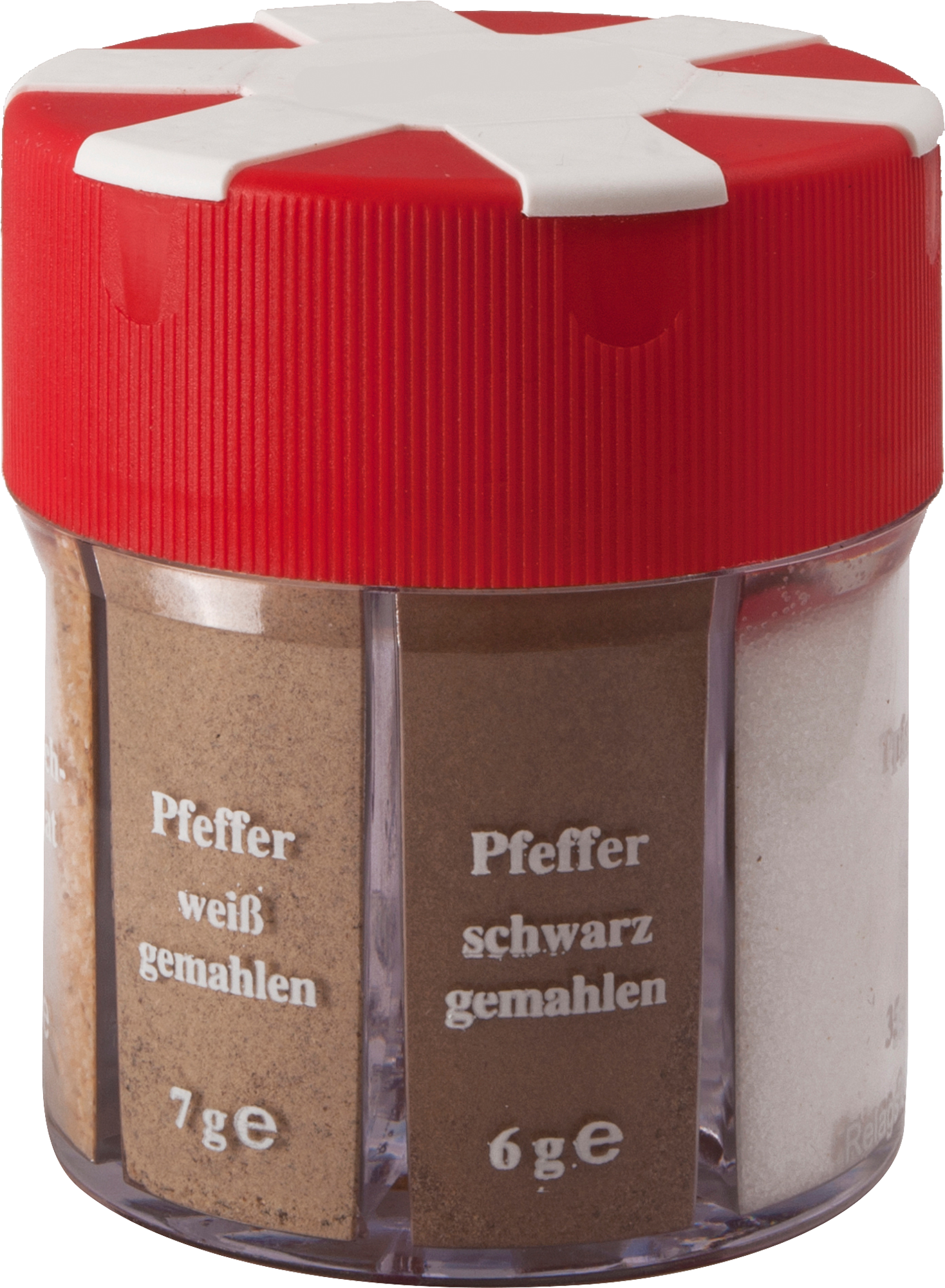 Krydderbøsse 6in1 med salt, pepper, paprika, curry og hvitløk Basic Nature forfra