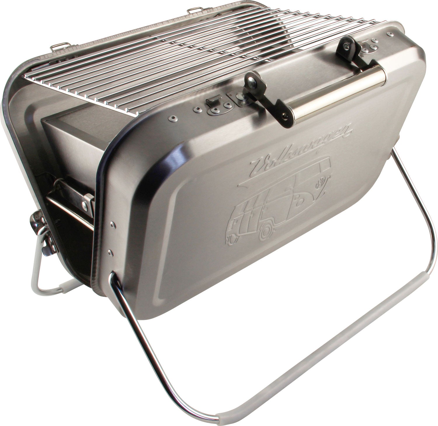 Kullgrill koffertmodell rustfritt stål T1 Bulli 32,5x23 cm VW Collection forfra