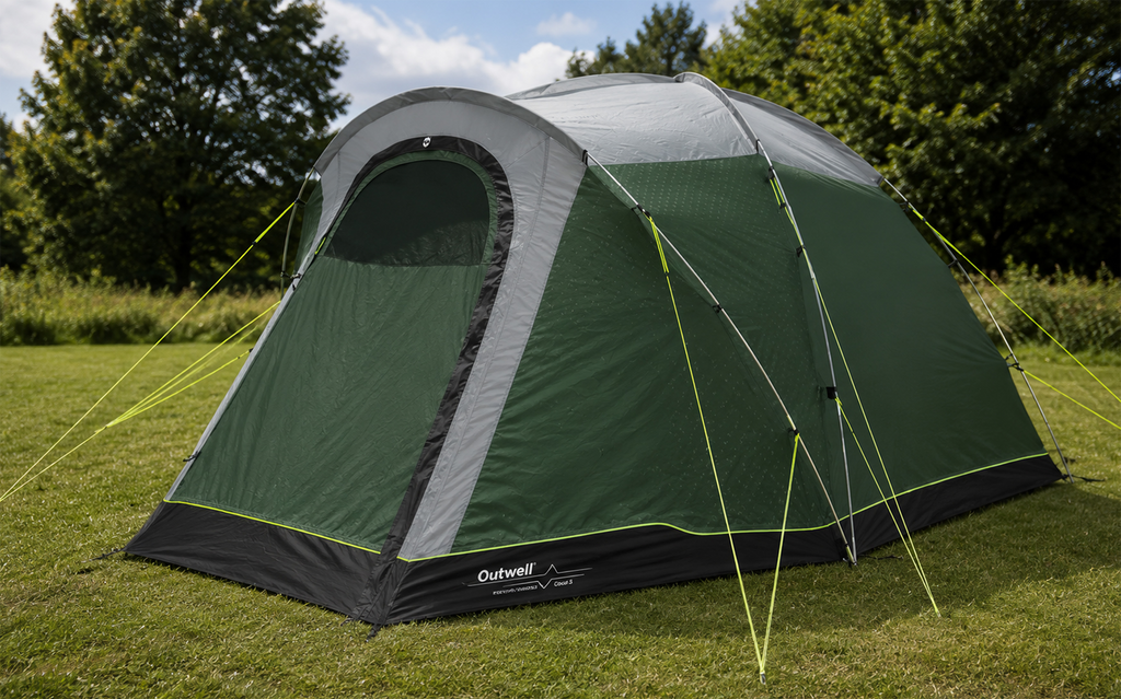 Kuppeltelt Cloud 5 for 5 personer 8,7 kg 3000 mm vannsøyle - Outwell sett forfra i grønn farge