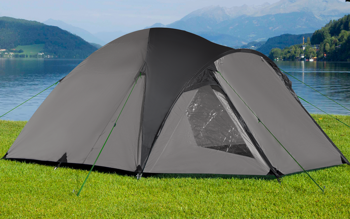 Kuppeltelt Kiwi NZ 4 for 4 personer 320x245x135 cm 4,8 kg i antrasitt sett forfra med inngangen