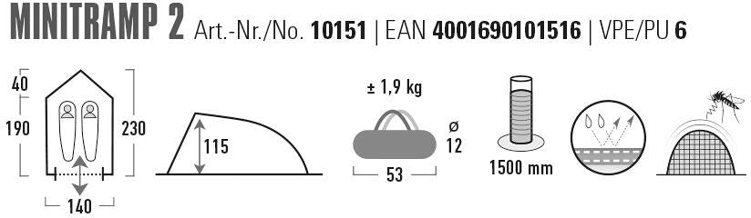 Kuppeltelt Minitramp 2, 2-pers, 1,9 kg, svart med åpen dør