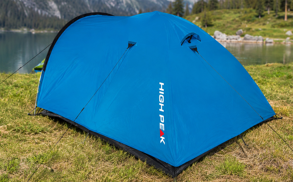 Kuppeltelt Narvik 4 for 4 personer, 1500 mm, 4,5 kg - High Peak i blått, oppslått sett forfra med inngang