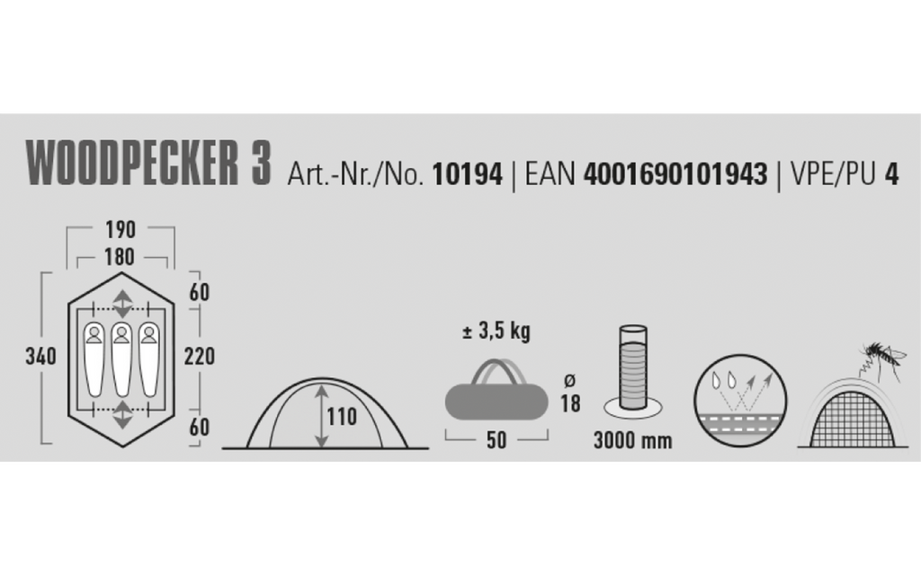 Kuppeltelt Woodpecker 3 for 3 personer 3,5 kg 3000 mm - High Peak sett fra siden med apsider og stenger