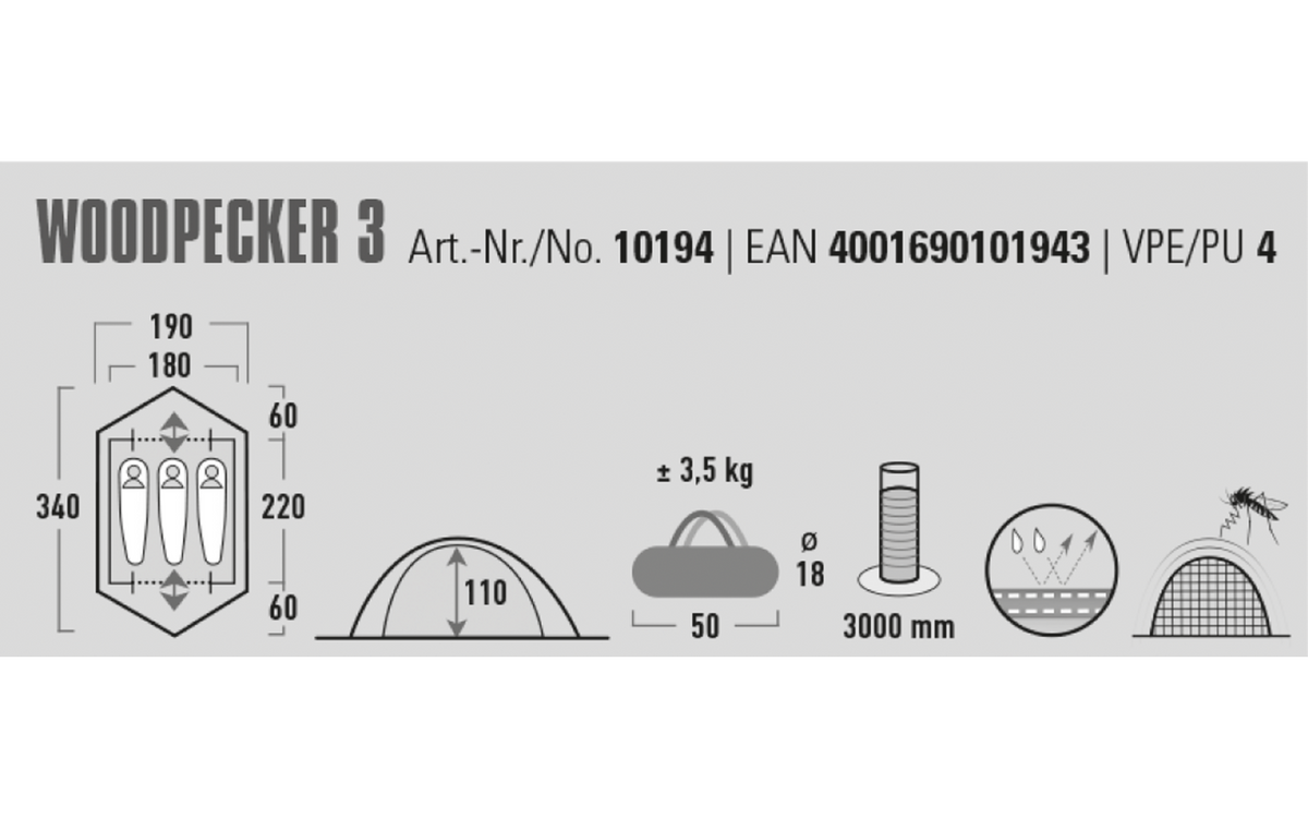 Kuppeltelt Woodpecker 3 for 3 personer 3,5 kg 3000 mm - High Peak sett fra siden med apsider og stenger