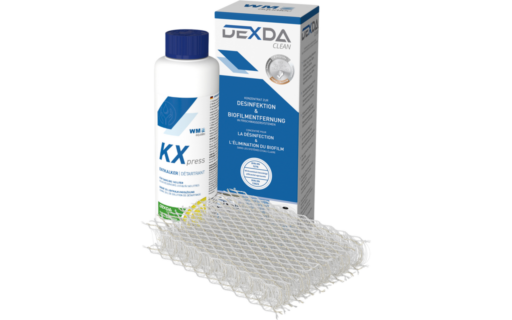 Detalj av etikett på KXpress avkalker med sitronsyre for vanntanker opptil 160L 250ml - WM Aquatec