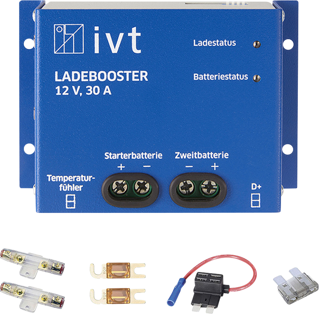 Ladebooster 12 V 30 A for ekstra batteri i bobil - IVT forfra
