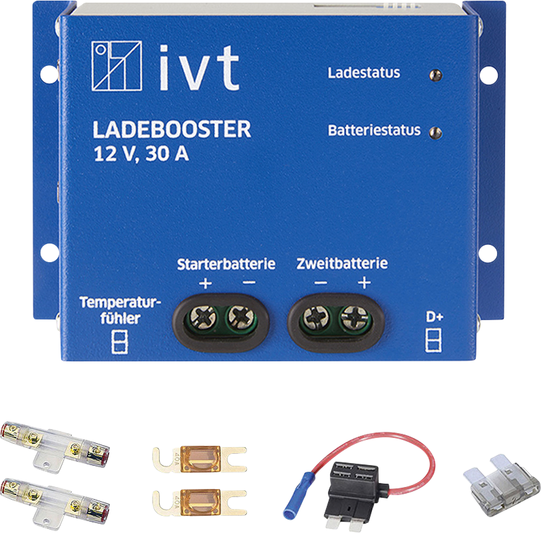 Ladebooster 12 V 30 A for ekstra batteri i bobil - IVT forfra