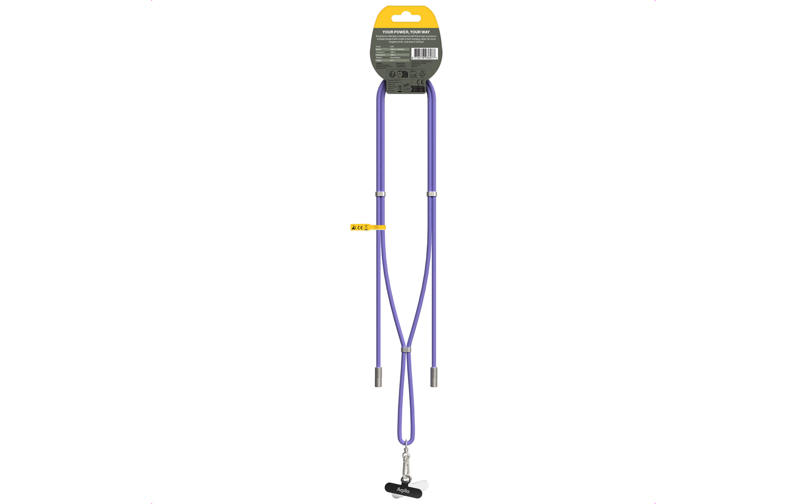 Lanyard Power Cable smarttelefon-bærebånd USB-C 60 W lilla bakside