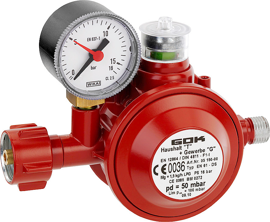 Lavtrykksregulator 50 mbar 1,5 kg/t med manometer forfra