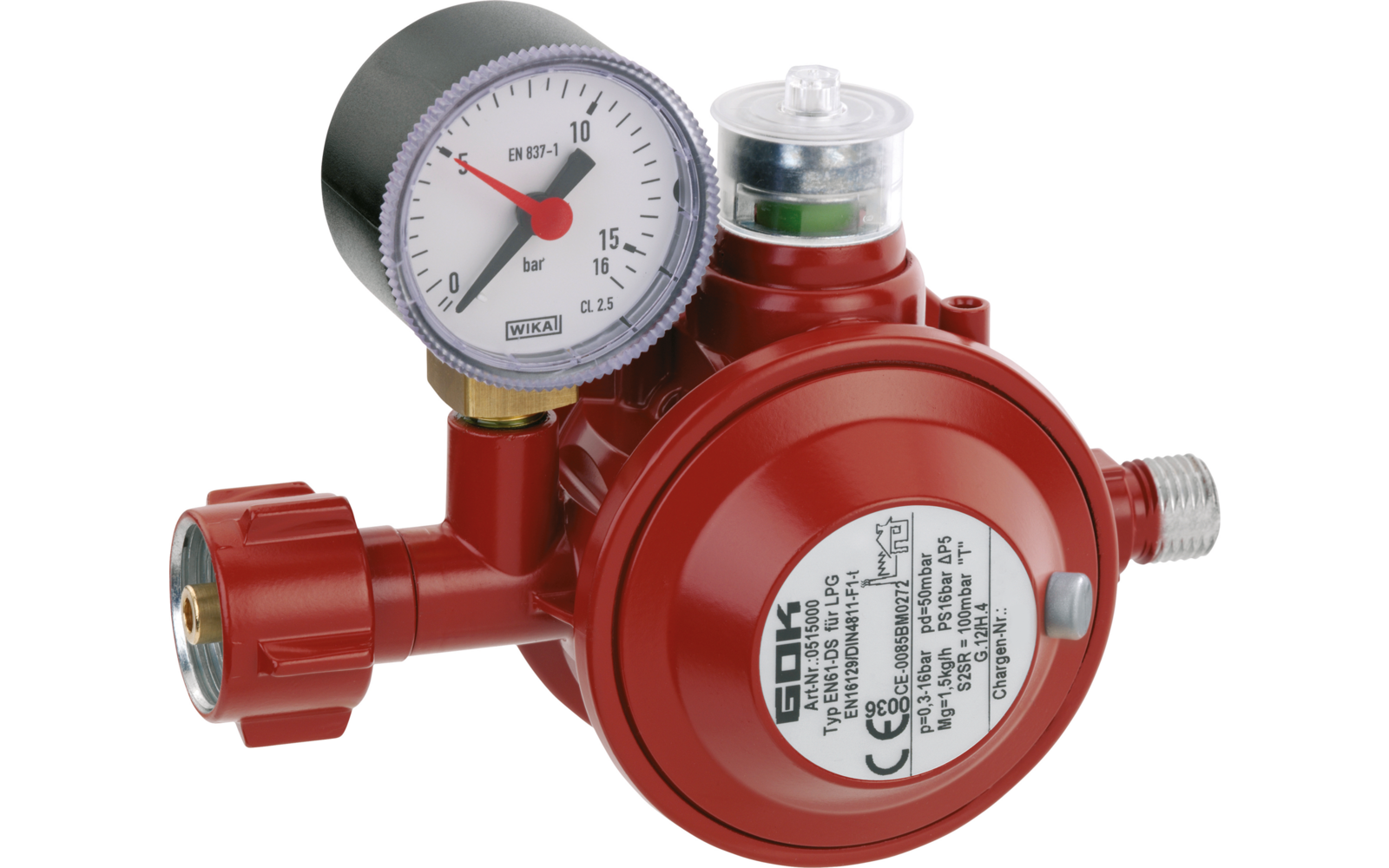 Lavtrykksregulator 50 mbar 1,5 kg/t med manometer detalj