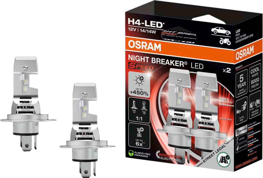 LED-billyktpære H4 Night Breaker Speed 450 forfra