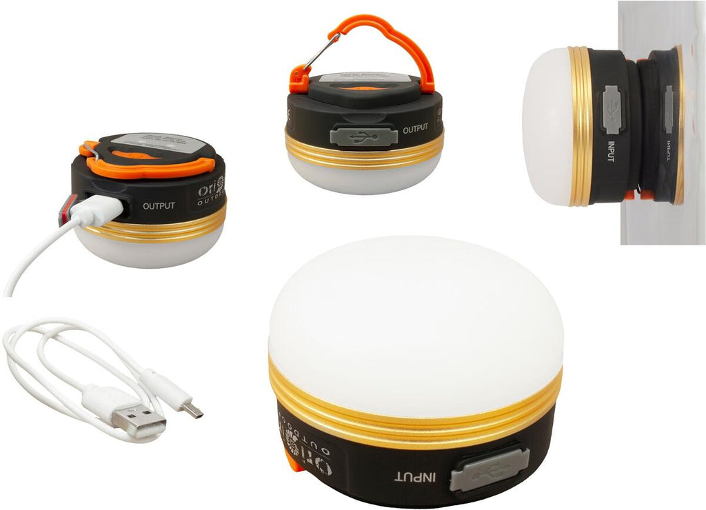 LED campinglampe 300 lumen med powerbank og magnet 88g i bruk på campingbord