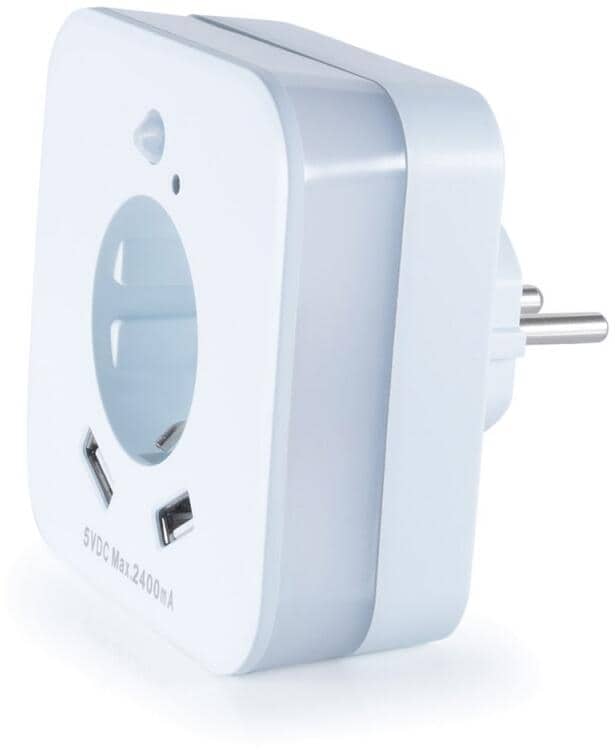 LED nattlys med bevegelsessensor og stikkontakt 2x USB - InnTec forfra