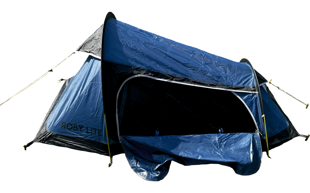 Lettvektstelt Roby Lite 2 for 2 personer 225x120x80 cm 1,3 kg - Tambu med nærbilde av inngang og myggnett