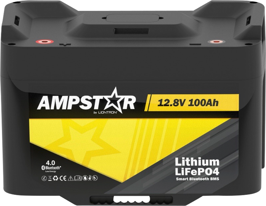 LiFePO4 batteri Ampstar 100Ah 12,8V med Bluetooth og IP65 forfra