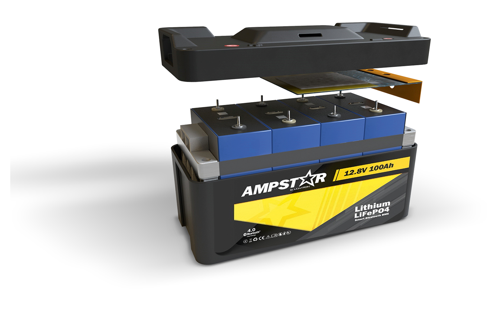 Detalj av LiFePO4 batteri Ampstar 100Ah 12,8V med Bluetooth og IP65