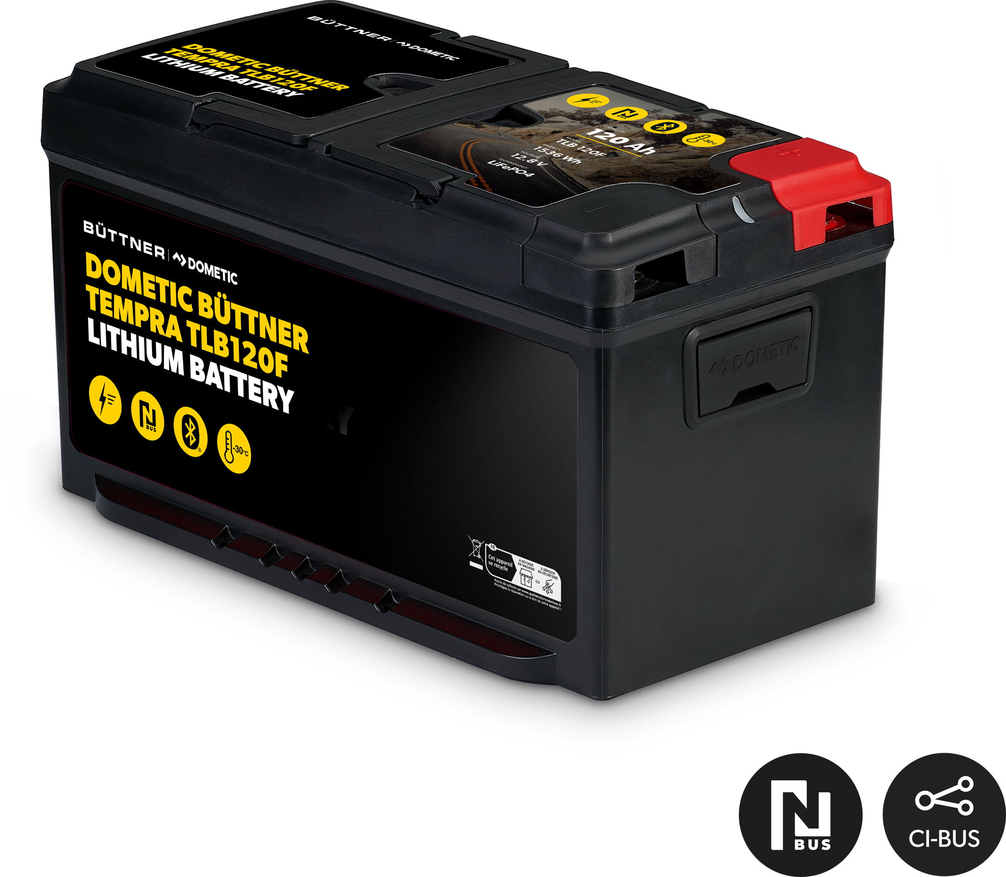 LiFePO4 batteri Tempra TLB120F 12V 120Ah med varme vist forfra