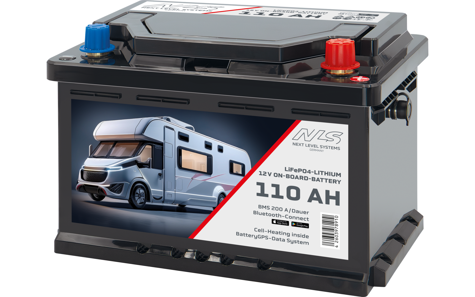 LiFePO4 forbruksbatteri 12V 110Ah med Bluetooth og varme bakside