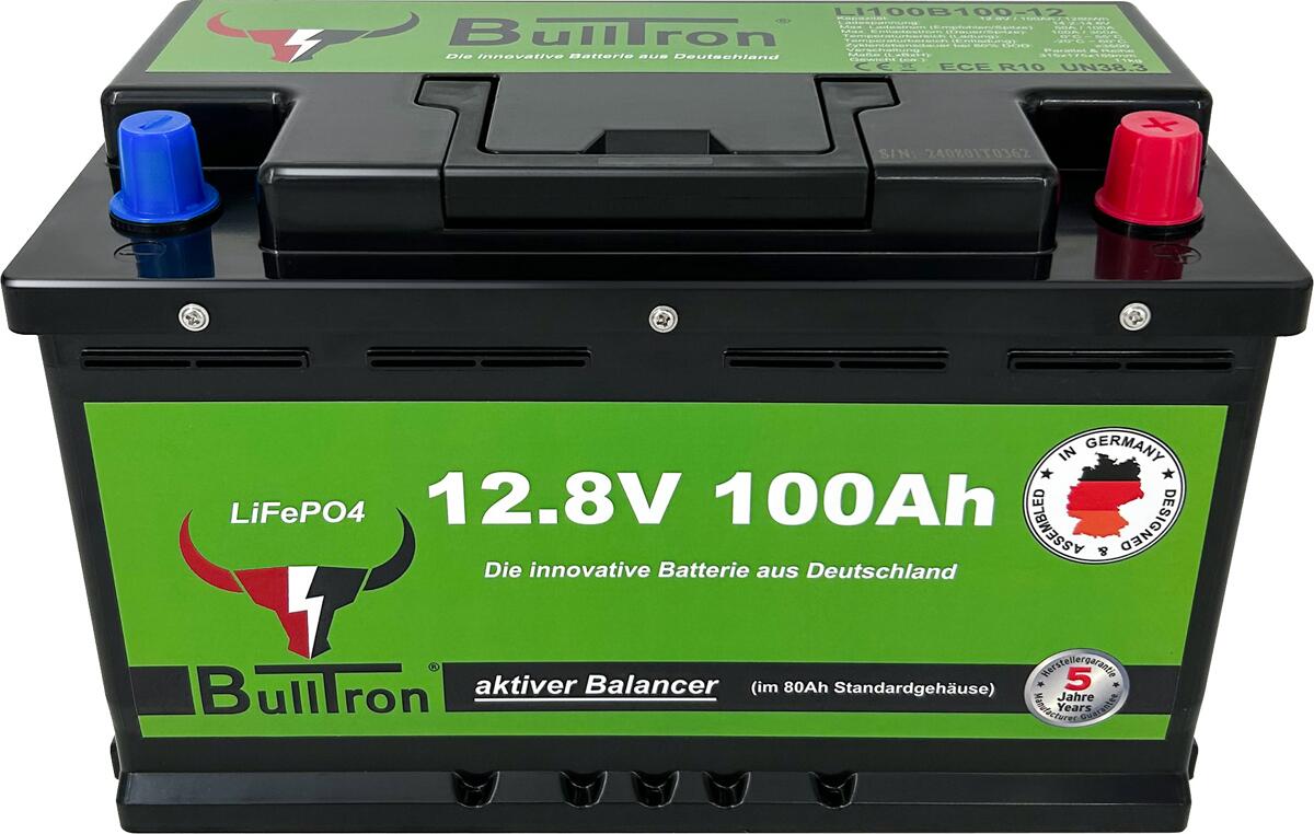 Detalj av LiFePO4 lithium-batteri 100Ah 12.8V med Smart BMS og Bluetooth