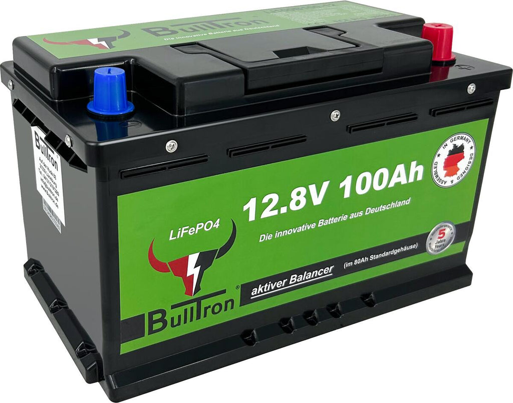 LiFePO4 lithium-batteri 100Ah 12.8V med Smart BMS og Bluetooth forfra
