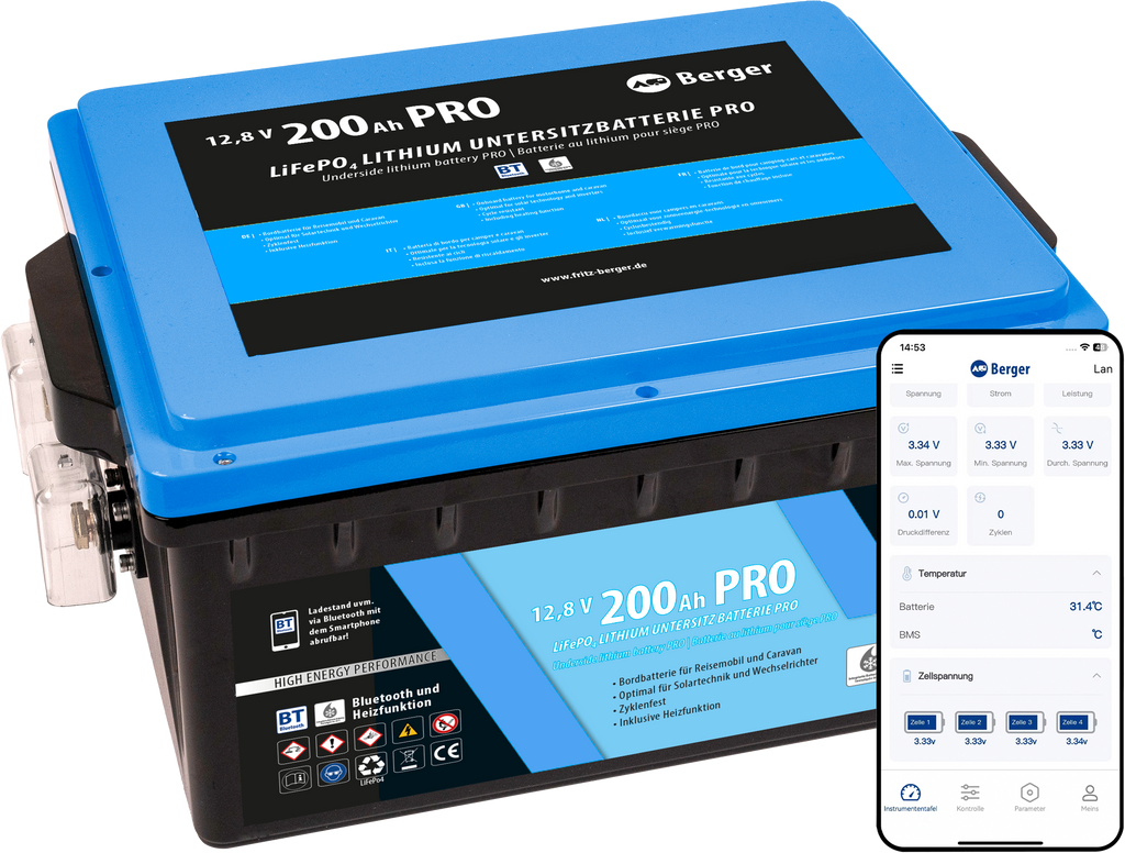 LiFePO4 litium undersetesbatteri Pro 200 Ah 12V med Bluetooth og varme forfra