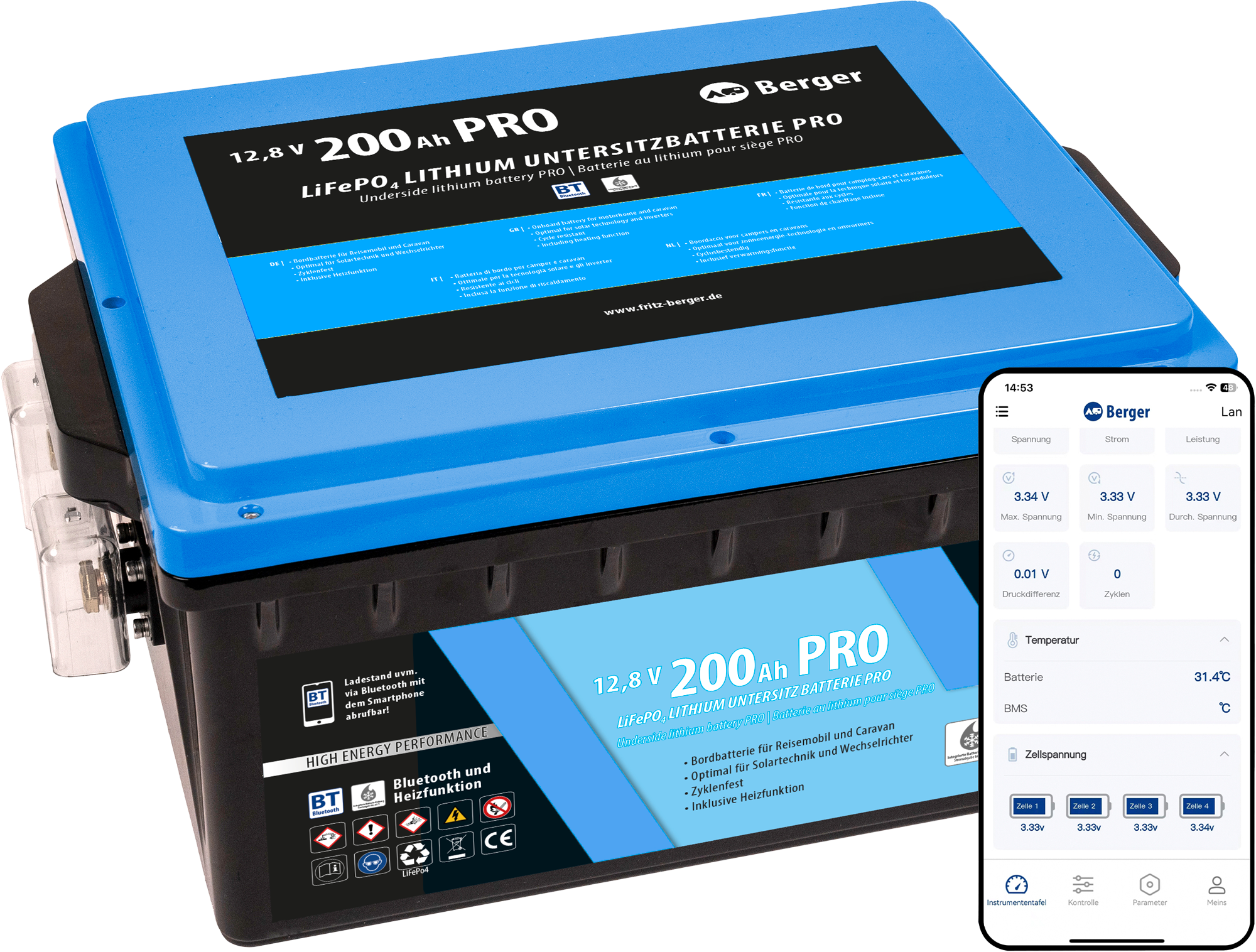 LiFePO4 litium undersetesbatteri Pro 200 Ah 12V med Bluetooth og varme forfra