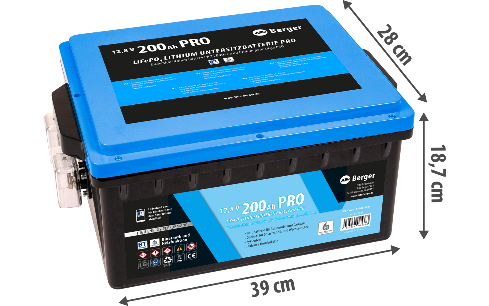 LiFePO4 litium undersetesbatteri Pro 200 Ah 12V med Bluetooth og varme med synlig Bluetooth-modul