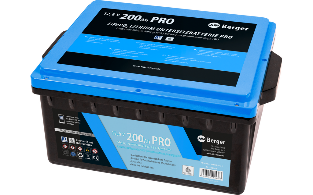 LiFePO4 litium undersetesbatteri Pro 200 Ah 12V med Bluetooth og varme med mål