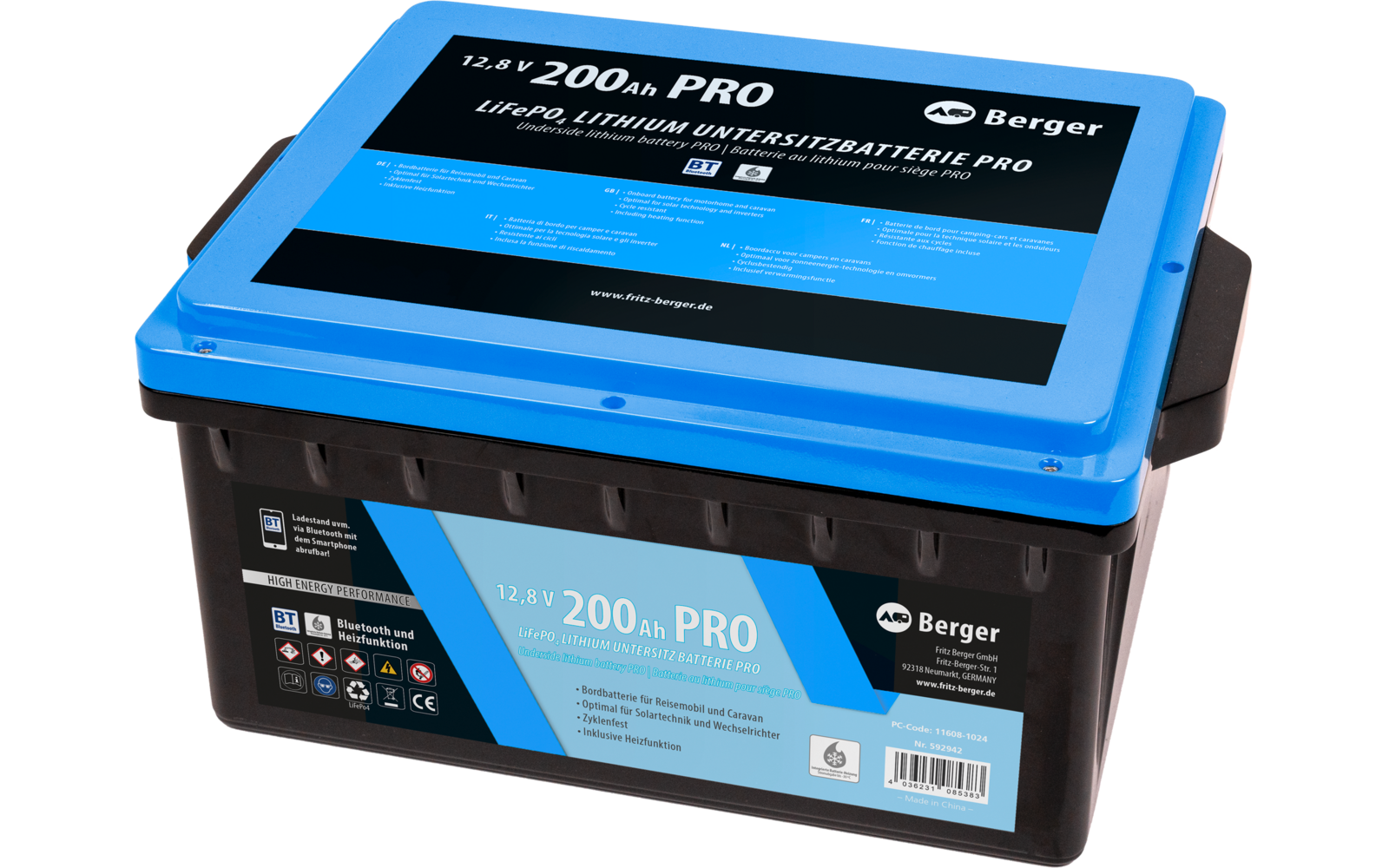 LiFePO4 litium undersetesbatteri Pro 200 Ah 12V med Bluetooth og varme med mål