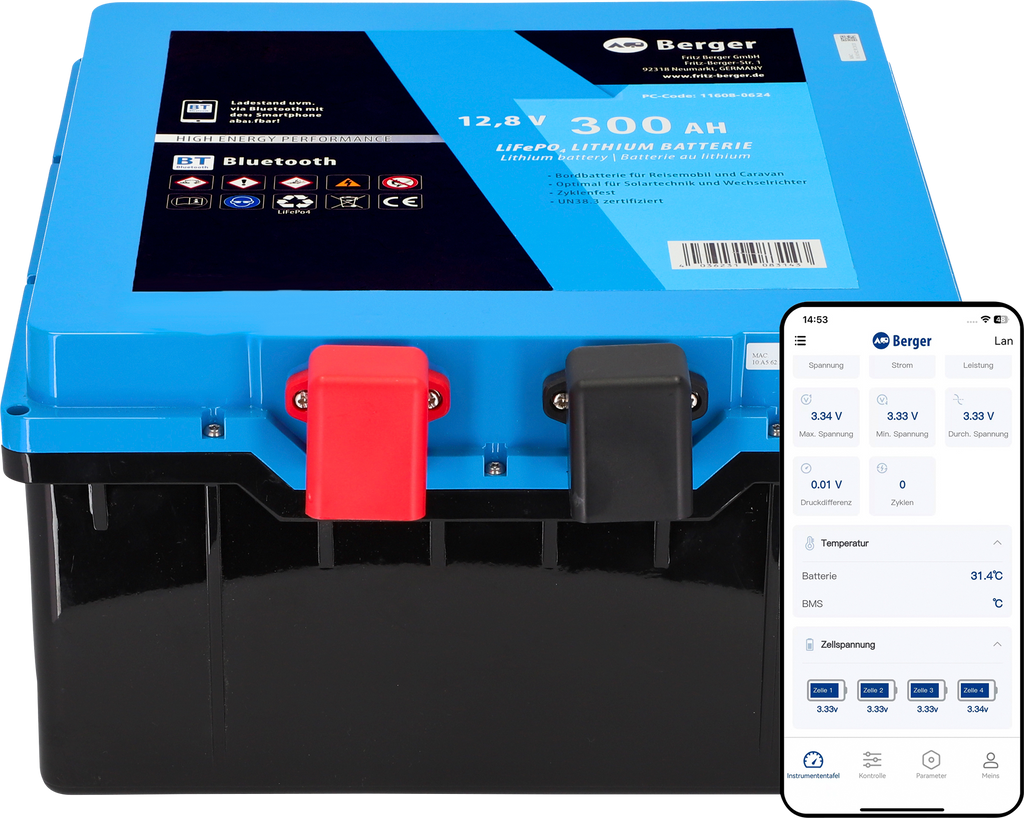 LiFePO4 litium undersetesbatteri Pro 300 Ah 12V med Bluetooth og varme forfra