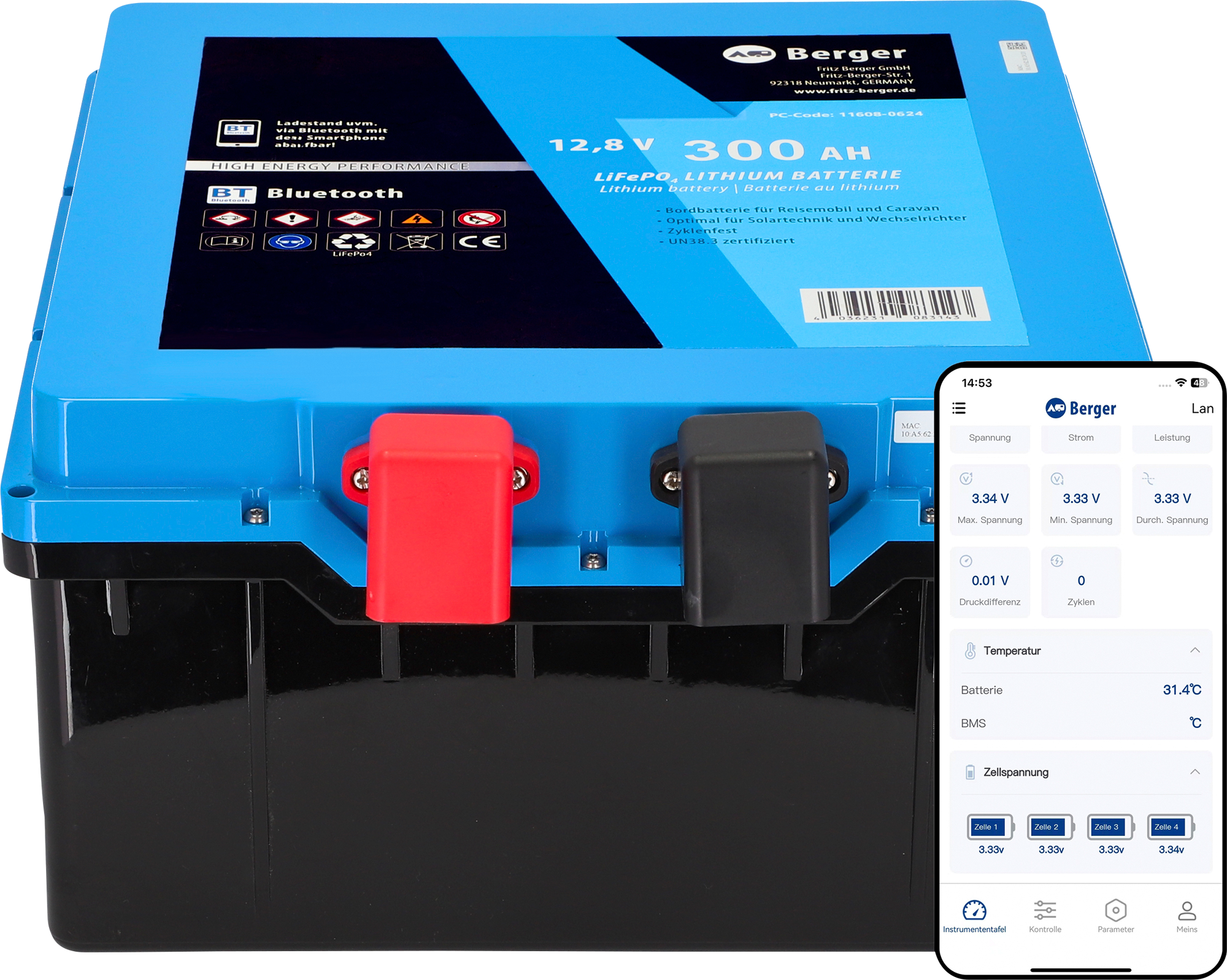 LiFePO4 litium undersetesbatteri Pro 300 Ah 12V med Bluetooth og varme forfra