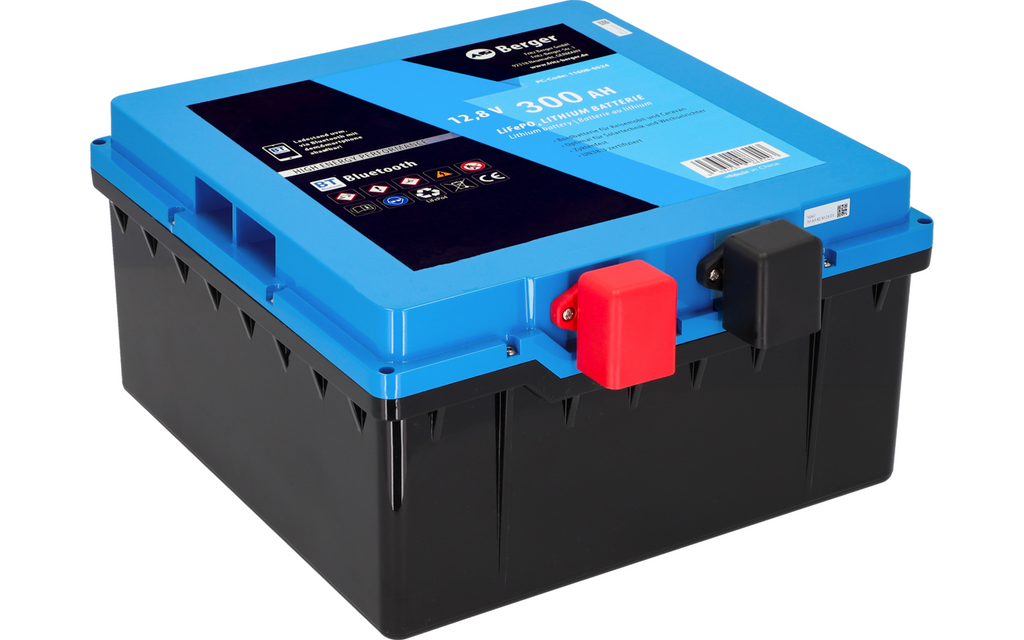 Visning av LiFePO4 litium undersetesbatteri Pro 300 Ah 12V med Bluetooth og varme sideprofil