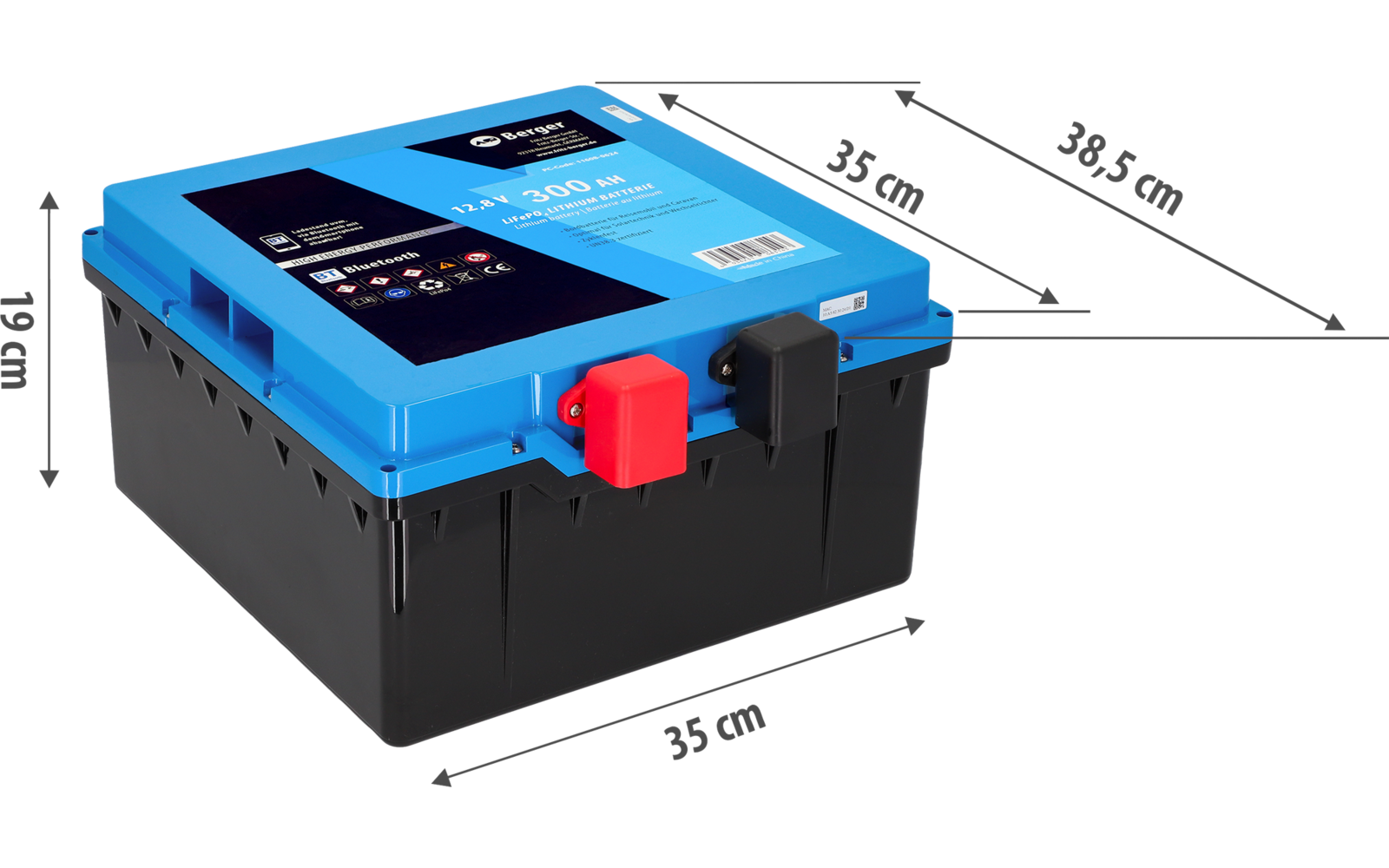 Oversikt over LiFePO4 litium undersetesbatteri Pro 300 Ah 12V med Bluetooth og varme i bruk