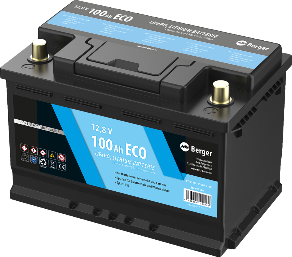 LiFePO4 litiumbatteri Eco 12V 100Ah med BMS, 10 kg forfra