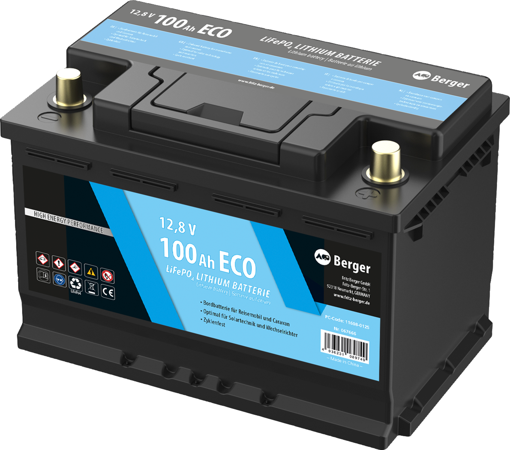 LiFePO4 litiumbatteri Eco 12V 100Ah med BMS, 10 kg forfra