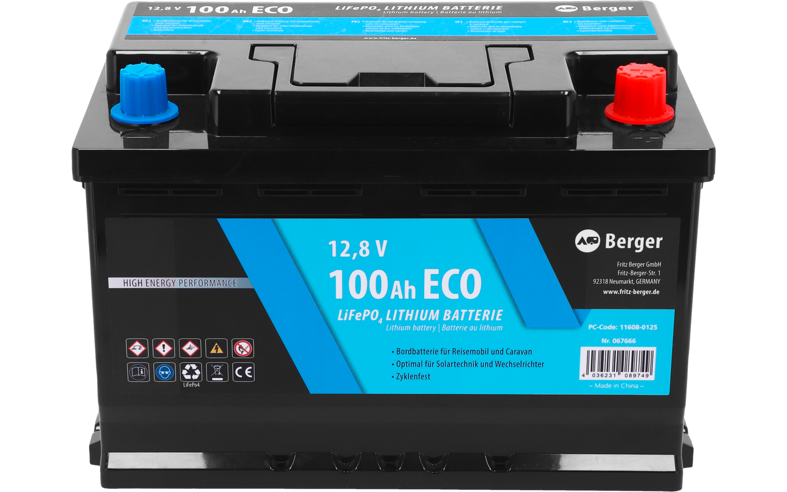 Montert LiFePO4 litiumbatteri Eco 12V 100Ah med BMS, 10 kg i campingvogn