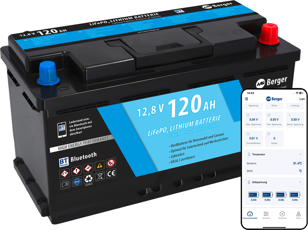 LiFePO4 litiumsbatteri 120 Ah 12V med Bluetooth forfra