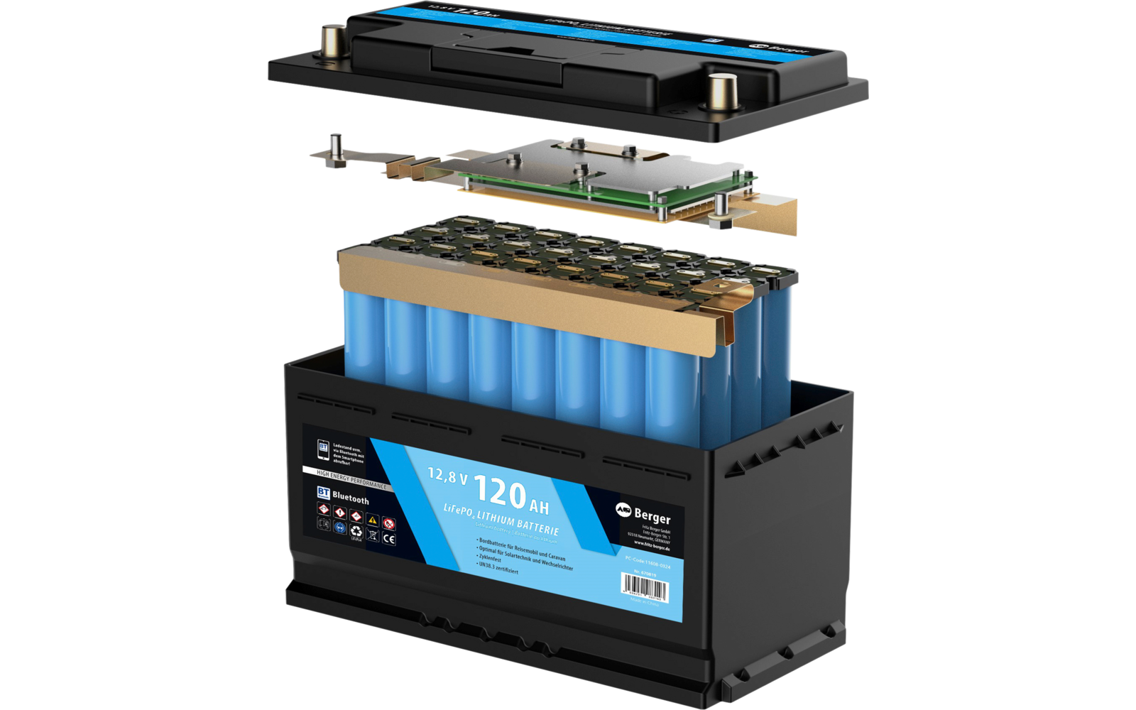 LiFePO4 litiumsbatteri 120 Ah 12V med Bluetooth montert i bobil