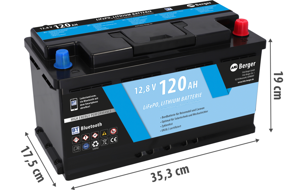 LiFePO4 litiumsbatteri 120 Ah 12V med Bluetooth nærbilde av display