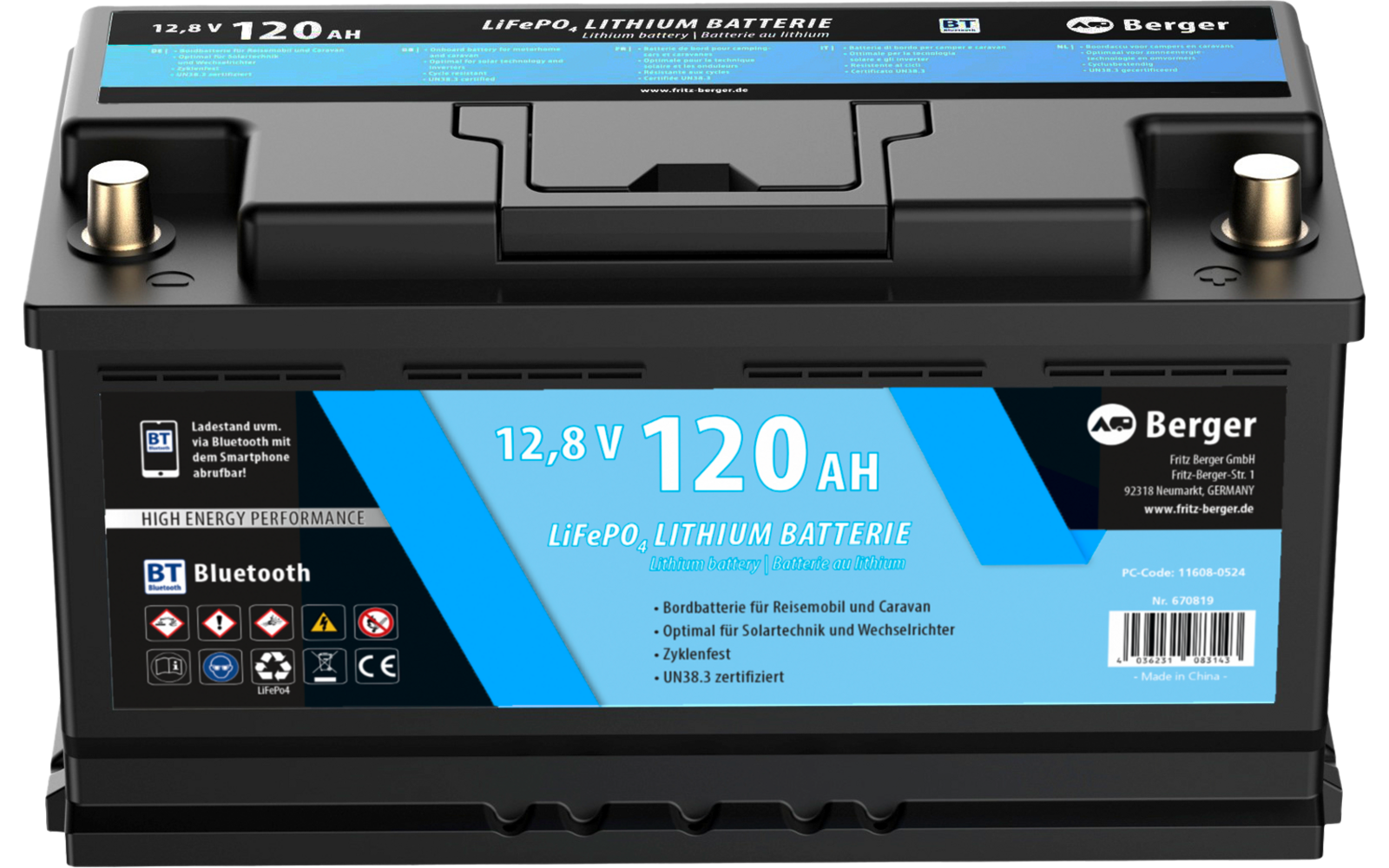 LiFePO4 litiumsbatteri 120 Ah 12V med Bluetooth med håndtak