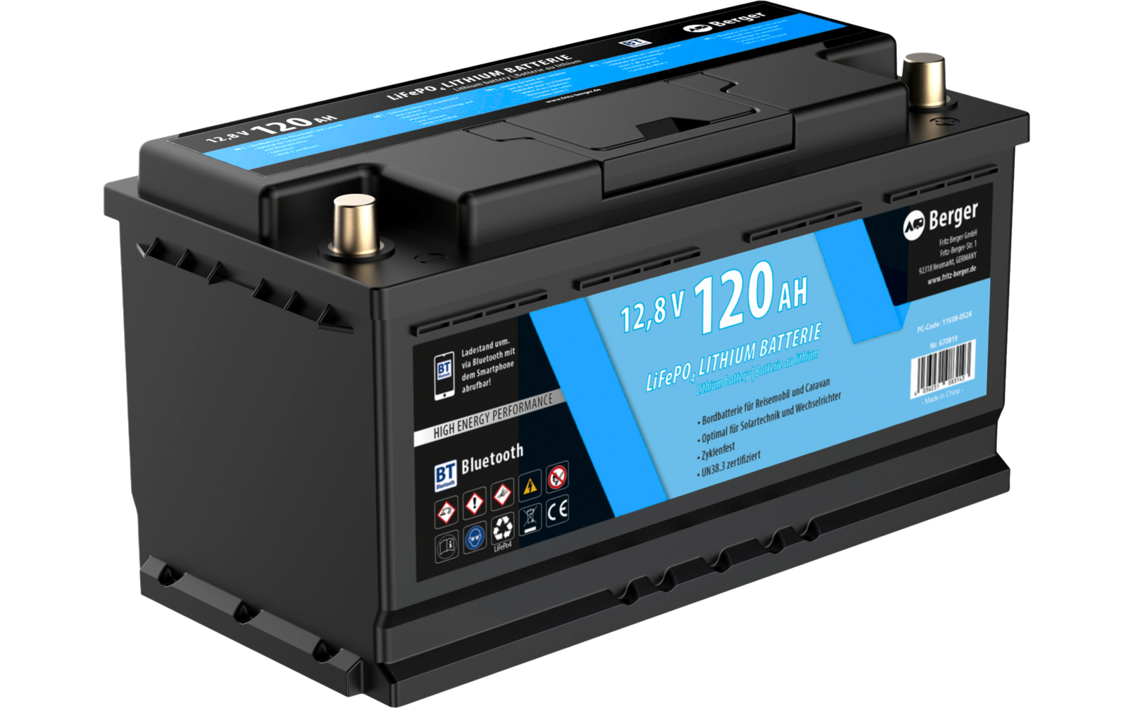LiFePO4 litiumsbatteri 120 Ah 12V med Bluetooth koblingsdetalj